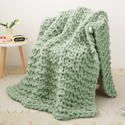 Viviland 50"x60" Light Green Cream Soft Washable Chenille Cozy Knit Blanket for Couch Bed Sofa Room