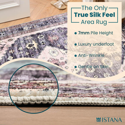 Istana Rugs 8x10 - Dark Grey Blue/Rose Mauve Bedroom Rug - Foldable Area Rug - Stain Resistant Dining Room 8x10 Rugs - Easy to Clean 8 x 10 Soft Area Rugs - 8 by 10 Area Rugs