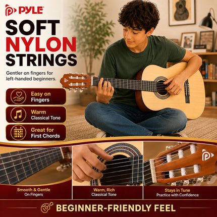 Pyle 36” Acoustic Guitar - 3/4 Size Guitare Acoustique w/ 6 Nylon Strings- For Adults, Teens, Kids, Students, Girls, Boys, Beginners, Includes Gig Bag, Tuner, Extra Strings, Picks, Strap -Left Handed