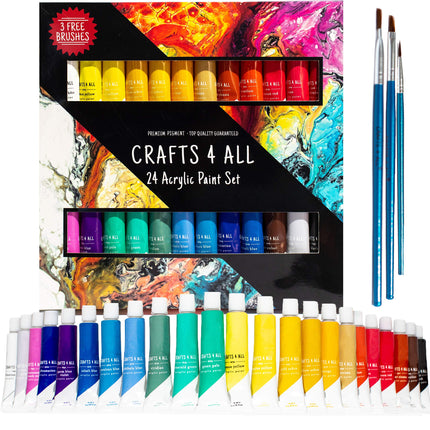Crafts 4 All Acrylic Paint Set for Kids and Adults - 24 Pack of 12 mL Craft Paint Colours for Wood, Canvas, Fabric, Ceramics and Rock Painting w/Different Sized Brushes - Art Supplies