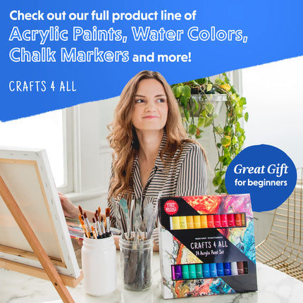 Crafts 4 All Acrylic Paint Set for Kids and Adults - 24 Pack of 12 mL Craft Paint Colours for Wood, Canvas, Fabric, Ceramics and Rock Painting w/Different Sized Brushes - Art Supplies