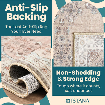 Istana Washable Area Rugs 8x10 - Beige Boho - Machine Washable - Non Slip - Pet Friendly - 6-7 mm Pile Height