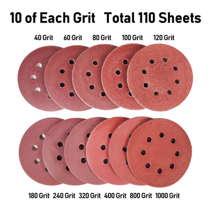 LotFancy Sanding Disc, 5 Inch 8 Hole, 110PCS - 40 60 80 100 120 180 240 320 400 800 1000 Grit Assorted Sand Paper, Hook and Loop Sandpaper, Random Orbital Sander Pads