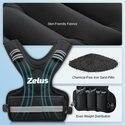ZELUS Adults Adjustable 4-10lbs Weighted Vest with 6 Ironsand Weights & Large Pocket for Workout,Running,Strength Training Walking,Jogging, BLACK