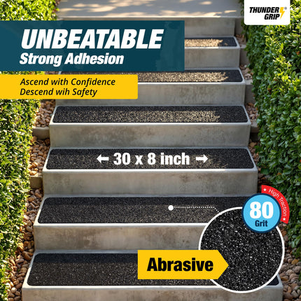 Thunder Grip Outdoor Stair Treads Non Slip 30" x 8" - 12-Pack Weather Resistant Exterior Grip Tape for Wooden Steps Strips Waterproof 80-Grit Adhesive Treads