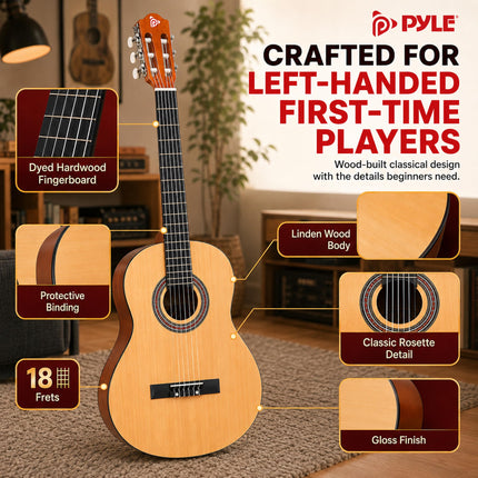 Pyle 36” Acoustic Guitar - 3/4 Size Guitare Acoustique w/ 6 Nylon Strings- For Adults, Teens, Kids, Students, Girls, Boys, Beginners, Includes Gig Bag, Tuner, Extra Strings, Picks, Strap -Left Handed