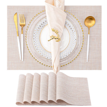 Placemats Set of 6 Washable Indoor/Outdoor Vinyl Place Mats for Dining Table PVC Weave Table Mats(Beige)