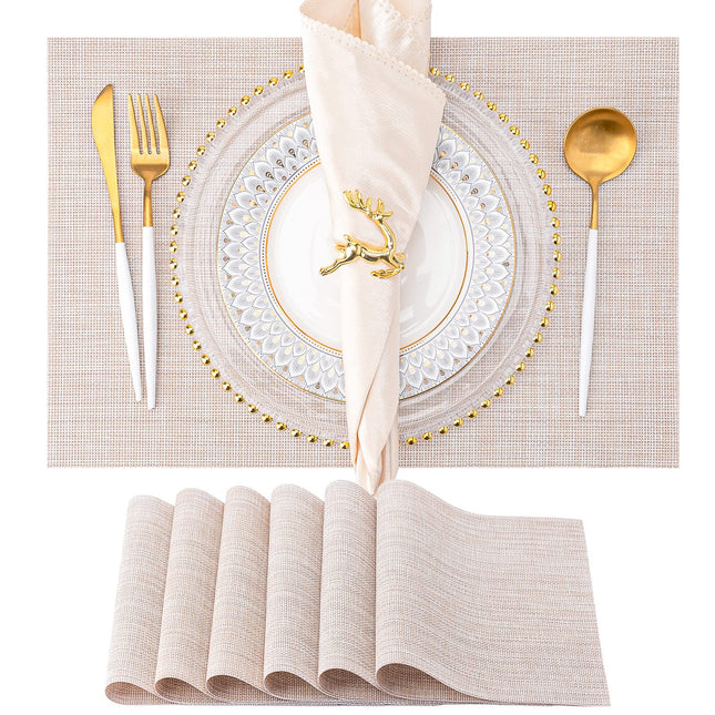 Placemats Set of 6 Washable Indoor/Outdoor Vinyl Place Mats for Dining Table PVC Weave Table Mats(Beige)
