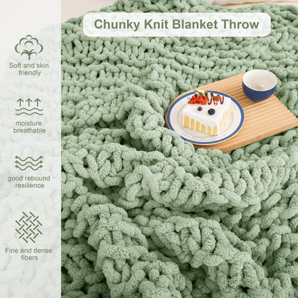 Viviland 50"x60" Light Green Cream Soft Washable Chenille Cozy Knit Blanket for Couch Bed Sofa Room