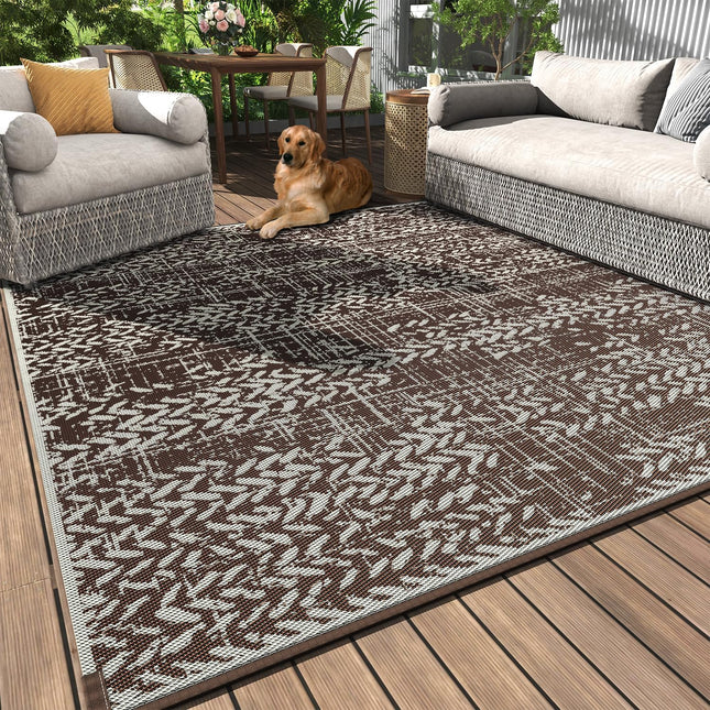 Outdoor Rug 5x8' Waterproof Outdoor Carpet Reversible Patio Rug Portable Camping Rug Modern Abstract Plastic Straw RV Rug for Picnic Beach Balcony Pool Deck Foldable Rug Brown Beige