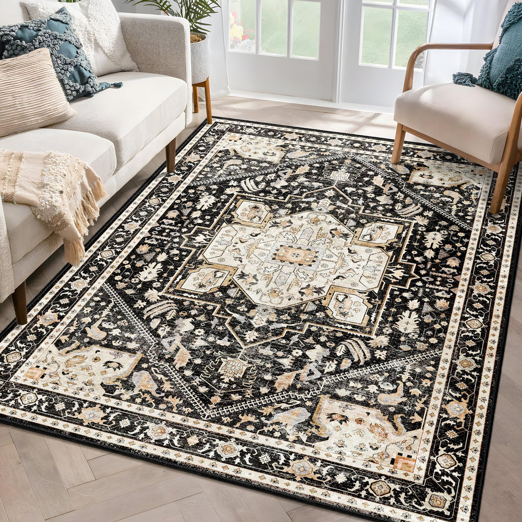 MUJOO Black Area Rugs 5'x7',Washable Rugs for Living Room Bedroom Bedside,Large Boho Non Slip Carpet Indoor,Vintage Soft Black and Gold Floral Rug
