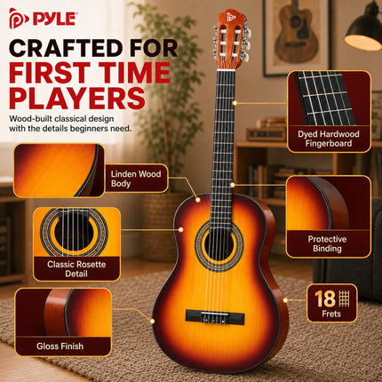 Pyle Beginner Adults, 36" Compact Size 3/4 Acoustic Guitar Kit, Brown Gloss PGACLS82BB