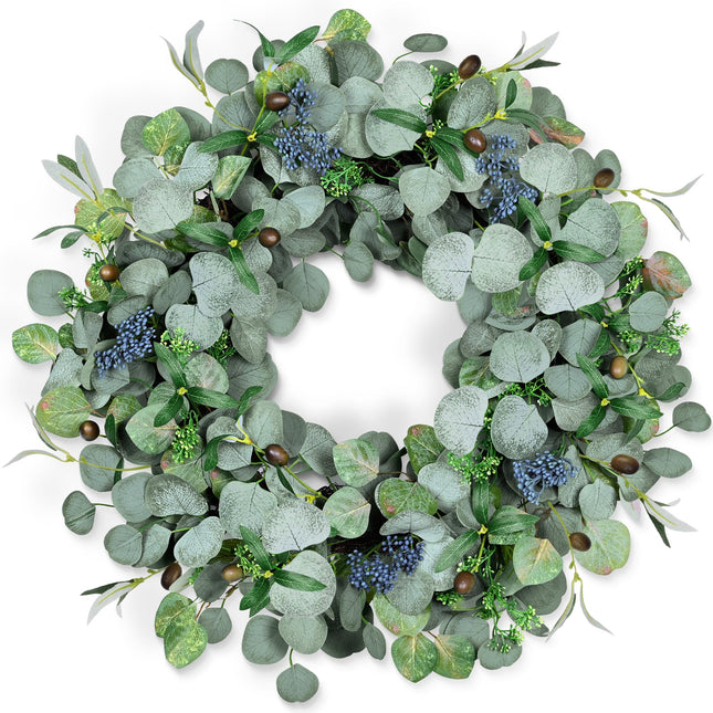Eucalyptus Wreath for Front Door, COLORSPEC 24 Inch Eucalyptus Wreath with Olive Leaves and Berries All Year Round, Handmade Green Spring Summer Wreaths for Front Door Indoor Outdoor Wedding Holiday