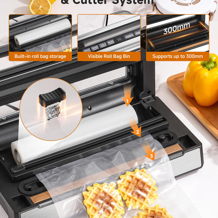 AOBOSI Vacuum Sealer Machine with Built-in Cutter and Storage Box, 95Kpa Automatic Food Sealer, Adjustable Pressure & Time, Includes 1 Bag Rolls & Accessory Hose for Vacuum Packing
