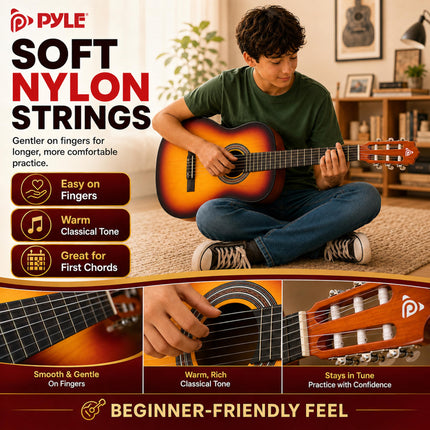 Pyle Beginner Adults, 36" Compact Size 3/4 Acoustic Guitar Kit, Brown Gloss PGACLS82BB