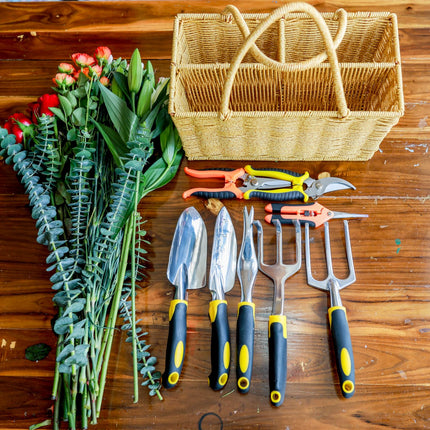 HOUDE Gardening tool set, equipped with rattan storage basket, 5 aluminum alloy hand tools and 3 stainless steel scissors