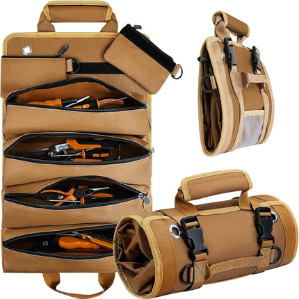 Roll Up Tool Bag Organizer - 4 Large Pockets & 2 Small Pouches Tool Roll for Plumbers, Carpenters & Handymen
