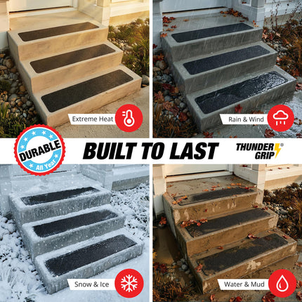 Thunder Grip Outdoor Stair Treads Non Slip 30" x 8" - 12-Pack Weather Resistant Exterior Grip Tape for Wooden Steps Strips Waterproof 80-Grit Adhesive Treads