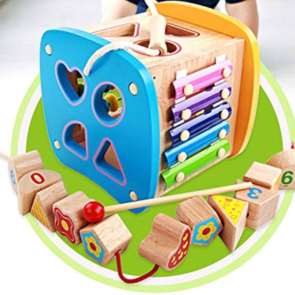 Wooden Multifunctional Activity Play Cube with Abacus, Xylophone, Shape Sorter | Preschool Early Educational Learning Toys for Child Kids Boys Girls