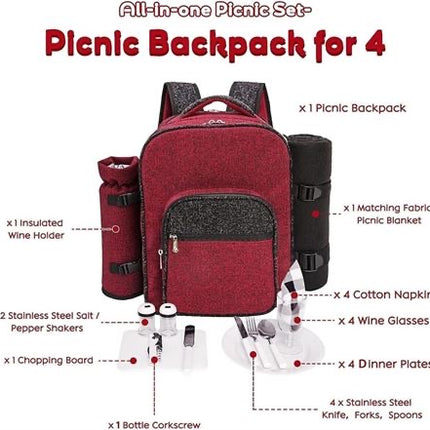 ARKMIIDO 4-Person Picnic Backpack with Cooling Compartment, RED