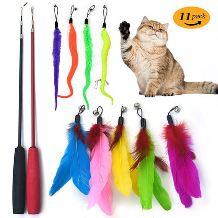 DOSTDR Funny Cat Interactive Toys Feather Teaser Stick Fishing Rod Colorful Plush With Bells set