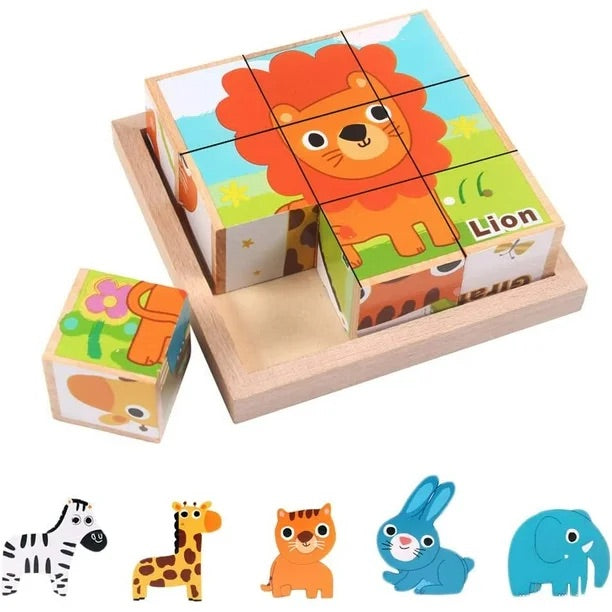 Wooden Puzzles for Kids, 6 in 1 Puzzle Animals 3D Cube Building Block Montessori Games Preschool Educational Toy