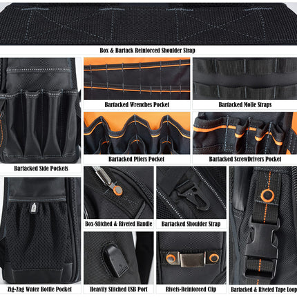 66-Pockets Tool Bag, Heavy-Duty Jobsite back pack for electricians, construction, men