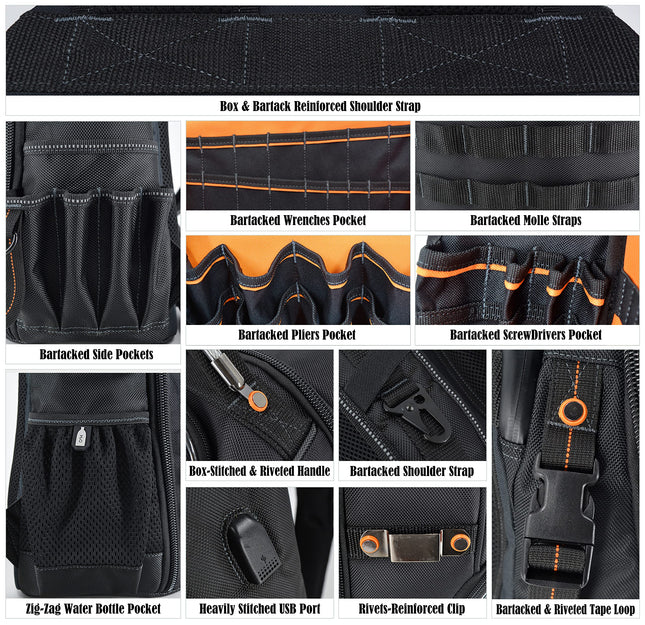 66-Pockets Tool Bag, Heavy-Duty Jobsite back pack for electricians, construction, men