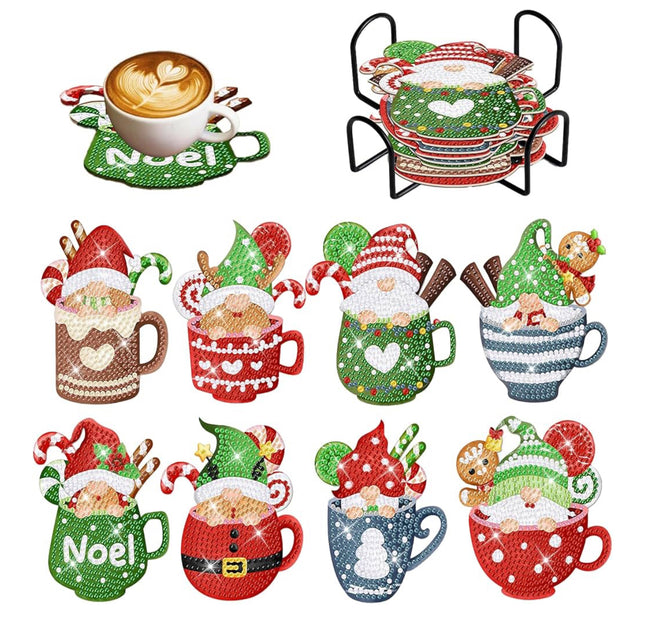 Christmas Diamond Painting Coasters for Drinks, 8 PCS Diamond Art Kits for Adults, DIY Santa Claus Craft Coaster with Holder for Christmas (Style 1)