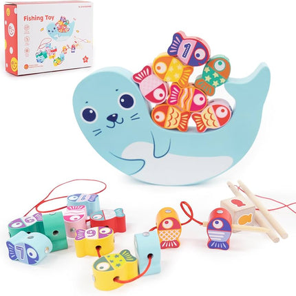 Wooden Magnetic Fishing Games for Kids 3D Fish Catching Counting Preschool Board Games Wooden Lacing Beads Montessori Toys for 2 3 4 5 6 Years Old Toddlers Boys and Girls 18PCS