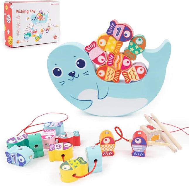 Wooden Magnetic Fishing Games for Kids 3D Fish Catching Counting Preschool Board Games Wooden Lacing Beads Montessori Toys for 2 3 4 5 6 Years Old Toddlers Boys and Girls 18PCS