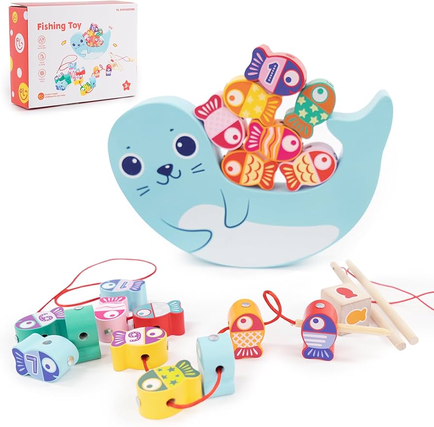 Wooden Magnetic Fishing Games for Kids 3D Fish Catching Counting Preschool Board Games Wooden Lacing Beads Montessori Toys for 2 3 4 5 6 Years Old Toddlers Boys and Girls 18PCS