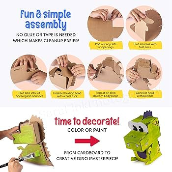 BoxArt Cardboard Crafts for Kids to Build & Color or Paint - Arts and Crafts DIY Imagination Play - Includes Dinosaur, Helicopter, Giraffe, Building, Windmill and Race Car.