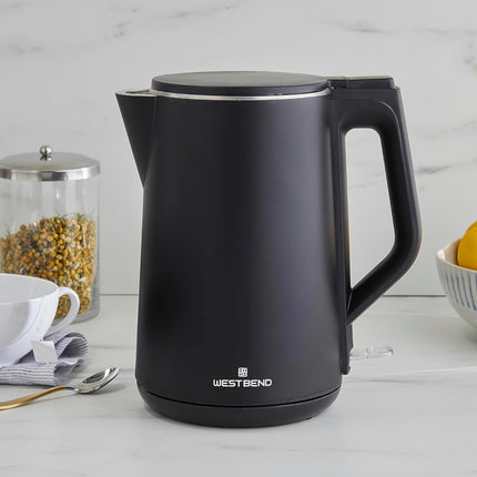 West Bend Electric Kettle Cordless Serving Features Stainless Steel Interior Boil Dry Protection and Auto Shut Off, 1.5-Liter, Blackboard