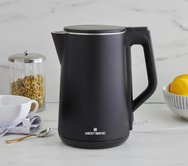 West Bend Electric Kettle Cordless Serving Features Stainless Steel Interior Boil Dry Protection and Auto Shut Off, 1.5-Liter, Blackboard