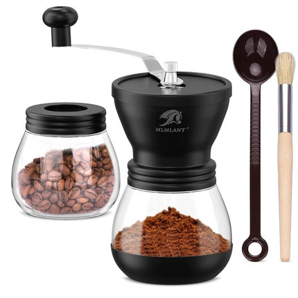 MLMLANT Manual Coffee Grinder Adjustable Coarseness Ceramic Mill Hand Coffee Mill with Two Glass Jars & Brush & Tablespoon Scoop for Home Office and Travelling