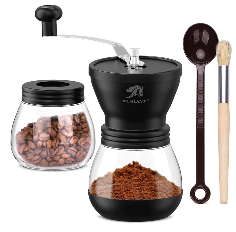 MLMLANT Manual Coffee Grinder Adjustable Coarseness Ceramic Mill Hand Coffee Mill with Two Glass Jars & Brush & Tablespoon Scoop for Home Office and Travelling