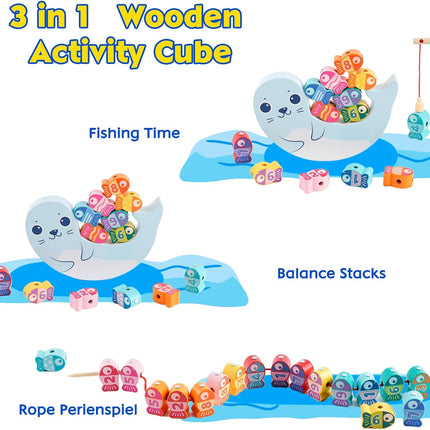 Wooden Magnetic Fishing Games for Kids 3D Fish Catching Counting Preschool Board Games Wooden Lacing Beads Montessori Toys for 2 3 4 5 6 Years Old Toddlers Boys and Girls 18PCS