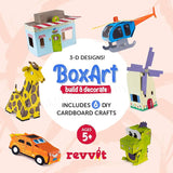 BoxArt Cardboard Crafts for Kids to Build & Color or Paint - Arts and Crafts DIY Imagination Play - Includes Dinosaur, Helicopter, Giraffe, Building, Windmill and Race Car.