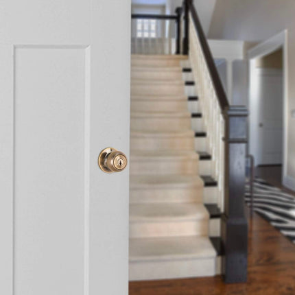 Amazon Basics Exterior Door Knob With Lock, Coastal, Antique Brass