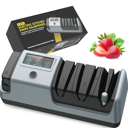 YOORLEAY 5 in 1 Electric Knife Sharpener-3 Rotational Speed Adjustable Electric Knife Sharpeners, Suitable for Straight Blade Knives, Serrated Knives, Meat Cleaver Knives, Ceramic Knives&Scissors,Gray