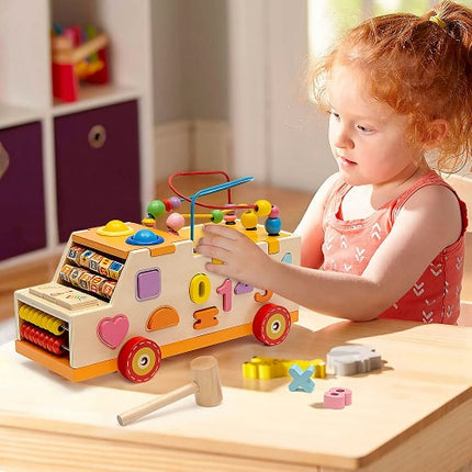 Kids Early Educational Toys, Wooden Shape Sorter Truck with Bead Maze, Numbers, Shapes, Hammer Bench, Abacus for Toddlers Ages 3+