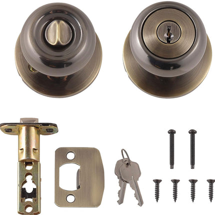 Amazon Basics Exterior Door Knob With Lock, Coastal, Antique Brass