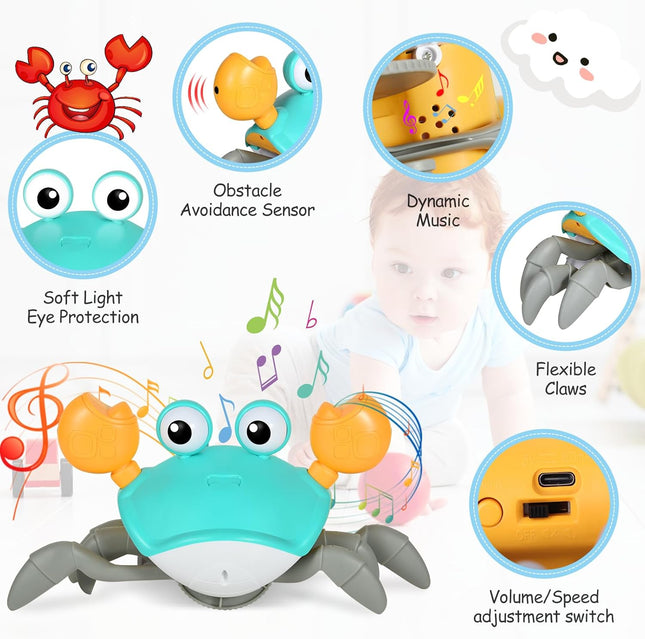 Baby Walking Crab, 1 Year Old Children's Toys, With Sound and Speed Adjustment Switch, USB Rechargeable, Gifts for Children from 6 Months to 5 Years (Green)