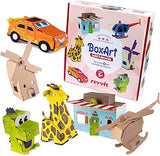 BoxArt Cardboard Crafts for Kids to Build & Color or Paint - Arts and Crafts DIY Imagination Play - Includes Dinosaur, Helicopter, Giraffe, Building, Windmill and Race Car.