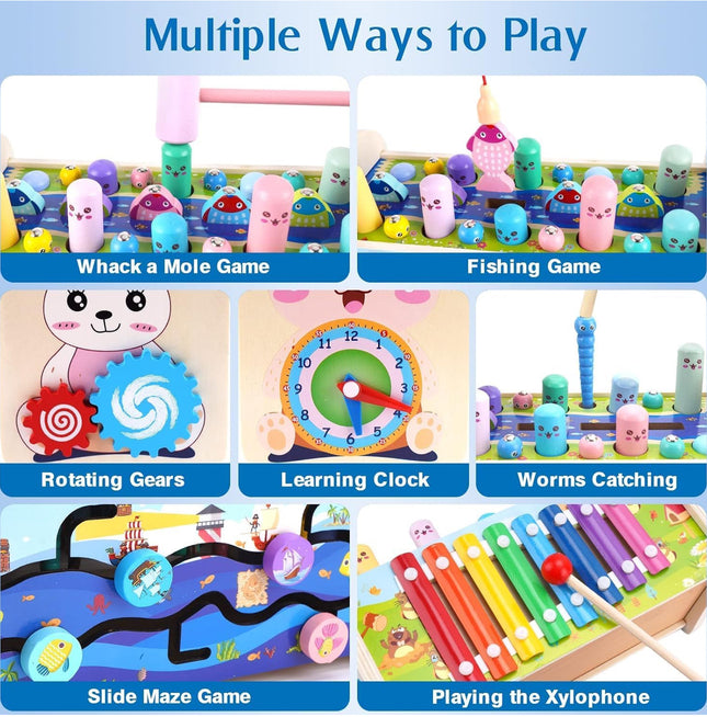 BLiSS HUES 7 in 1 Multiactivity Wooden Montessori Toys Toddlers- Includes Games Whack a Mole- Fishing- Xylophone- Sliding Maze & More- Fine Motor Skills & Sensory Toys for Kids