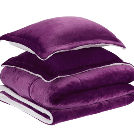 Amazon Basics Ultra-Soft Micromink Sherpa Comforter Bed Set - Plum, Full/Queen