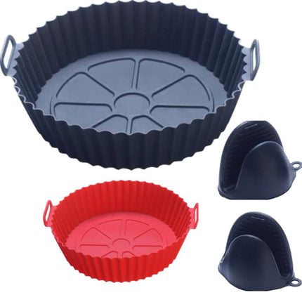 2-Pack Silicone Air Fryer Liners Reusable (8in red & 8.66in black) W/ 1 pair of Mitts Heat-Resistance, Silicone Air Fryer Basket replacement of Parchment Paper Fits 3-5QT (8in) & 5QT or above (8,66in)