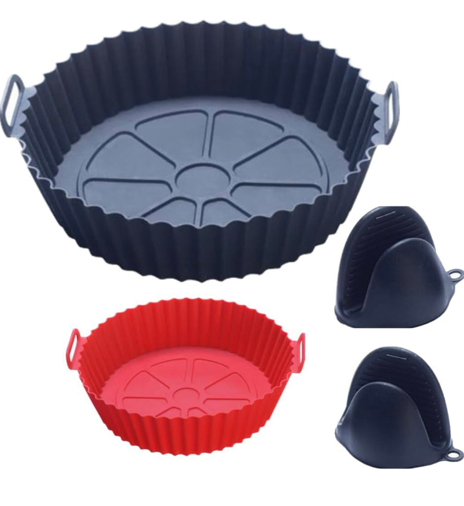 2-Pack Silicone Air Fryer Liners Reusable (8in red & 8.66in black) W/ 1 pair of Mitts Heat-Resistance, Silicone Air Fryer Basket replacement of Parchment Paper Fits 3-5QT (8in) & 5QT or above (8,66in)
