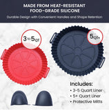 2-Pack Silicone Air Fryer Liners Reusable (8in red & 8.66in black) W/ 1 pair of Mitts Heat-Resistance, Silicone Air Fryer Basket replacement of Parchment Paper Fits 3-5QT (8in) & 5QT or above (8,66in)